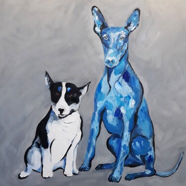 Schilderij getiteld "Dogs" door Elena Petunina, Origineel Kunstwerk, Olie Gemonteerd op Frame voor houten brancard