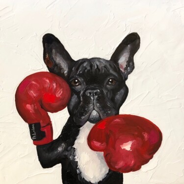 Painting titled "Bulldog" by Elena Petunina, Original Artwork, Oil Mounted on Wood Stretcher frame