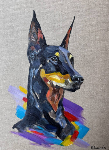 Pintura intitulada "Doberman" por Elena Petunina, Obras de arte originais, Óleo