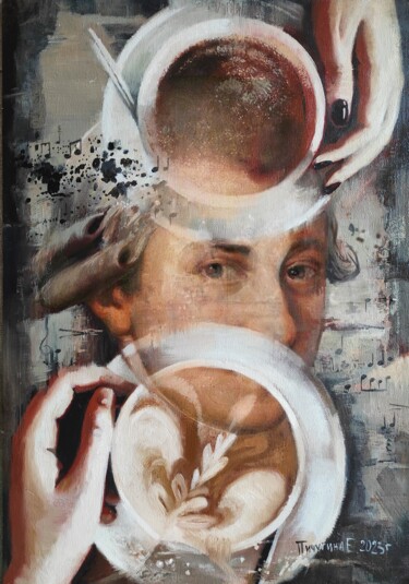 Картина под названием "Моцарт и капучино." - Elena Pichugina, Подлинное произведение искусства, Масло