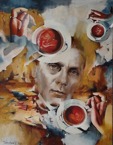 Painting titled "Кофе с Булгаковым." by Elena Pichugina, Original Artwork, Oil