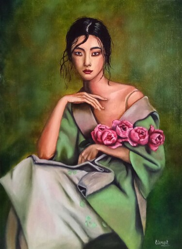 Painting titled "Girl with roses" by Elena Pimenova, Original Artwork, Oil