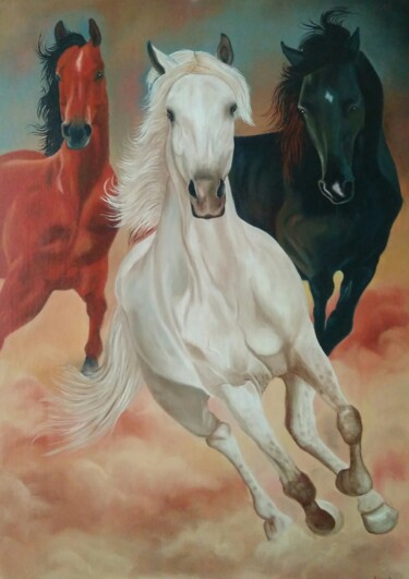 Peinture intitulée "a trio of horses" par Elena Pimenova, Œuvre d'art originale, Huile