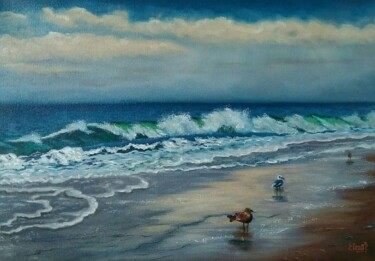 Painting titled "Evening at sea." by Elena Pimenova, Original Artwork, Oil
