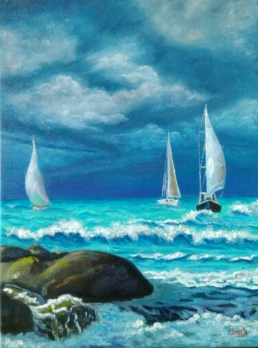 Painting titled "Yachts on the sea." by Elena Pimenova, Original Artwork, Oil