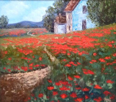 Peinture intitulée "Houses on the poppy…" par Elena Pimenova, Œuvre d'art originale, Huile