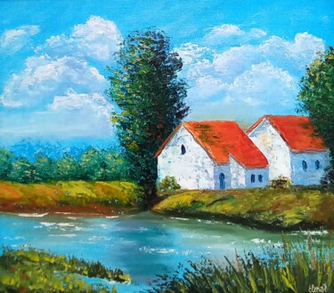 Malerei mit dem Titel "Houses by the river." von Elena Pimenova, Original-Kunstwerk, Öl