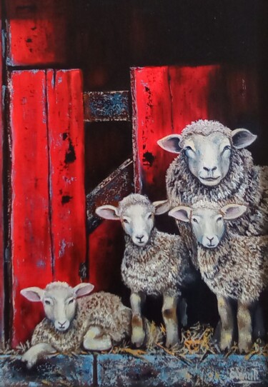 Pittura intitolato "Sheep in the barn." da Elena Pimenova, Opera d'arte originale, Olio