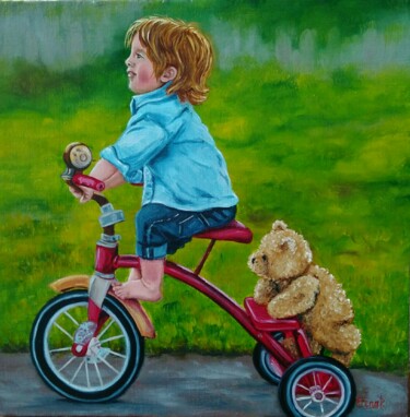 Peinture intitulée "Boy on a bike." par Elena Pimenova, Œuvre d'art originale, Huile