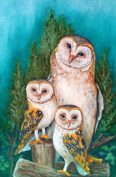 Pittura intitolato "Barn owl nest." da Elena Pimenova, Opera d'arte originale, Olio
