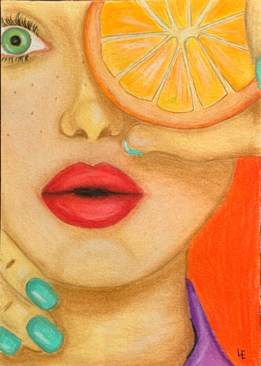 Σχέδιο με τίτλο "Woman face orange p…" από Elena Polak, Αυθεντικά έργα τέχνης, Παστέλ