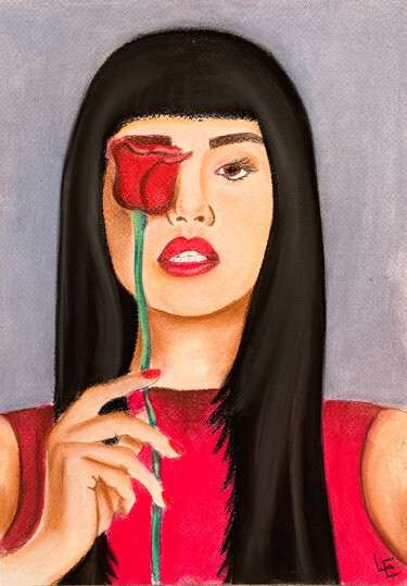 Rysunek zatytułowany „Asian girl in red d…” autorstwa Elena Polak, Oryginalna praca, Pastel