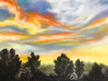 Рисунок под названием "Sunset in the fores…" - Elena Polak, Подлинное произведение искусства, Пастель