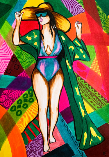 Pittura intitolato "Sexy lady in swimsu…" da Elena Polak, Opera d'arte originale, Pennarello