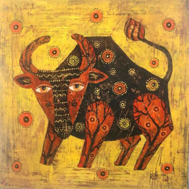 Картина под названием "Бык" - Елена Разина, Подлинное произведение искусства, Акрил Установлен на Деревянная рама для носилок