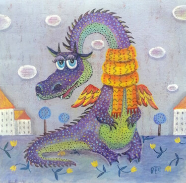 Картина под названием "Сказочный Дракон" - Елена Разина, Подлинное произведение искусства, Акрил Установлен на Деревянная ра…