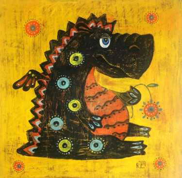 Painting titled "Дракон" by Elena Razina, Original Artwork, Acrylic Mounted on Wood Stretcher frame