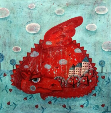 Painting titled "Red Dragon" by Elena Razina, Original Artwork, Acrylic Mounted on Wood Stretcher frame
