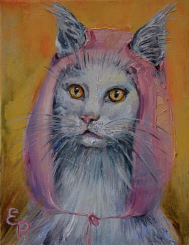Painting titled "A cat in a pink cap." by Elena Reutova, Original Artwork, Oil Mounted on Wood Stretcher frame