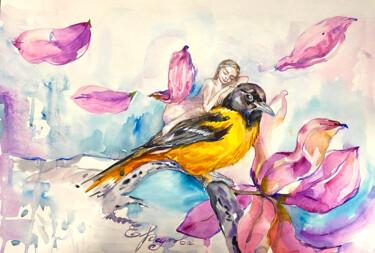 Pintura intitulada "The soul of a bird.…" por Elena Reutova, Obras de arte originais, Aquarela