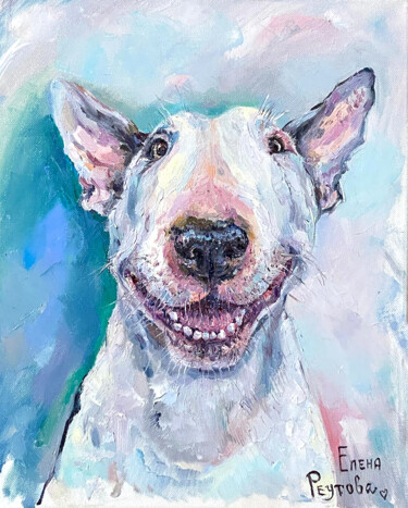 Painting titled "Bull Terrier. Smili…" by Elena Reutova, Original Artwork, Oil Mounted on Wood Stretcher frame
