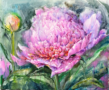 Painting titled "Pink peony in water…" by Elena Reutova, Original Artwork, Watercolor