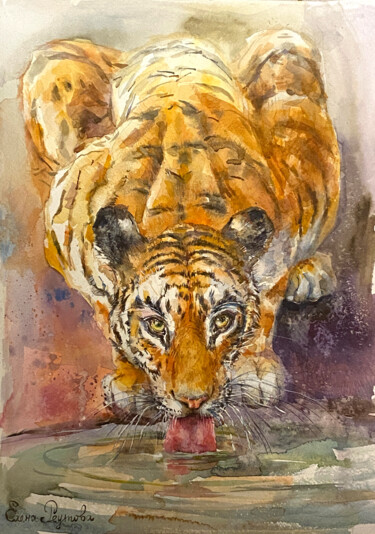 Painting titled "The tiger laps up t…" by Elena Reutova, Original Artwork, Watercolor