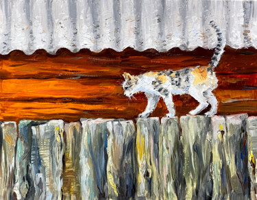 Schilderij getiteld "Tricolor cat on the…" door Elena Reutova, Origineel Kunstwerk, Olie