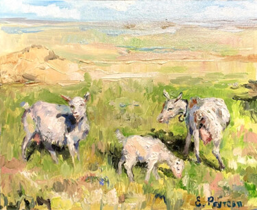 Peinture intitulée "Goats in a sunny me…" par Elena Reutova, Œuvre d'art originale, Huile