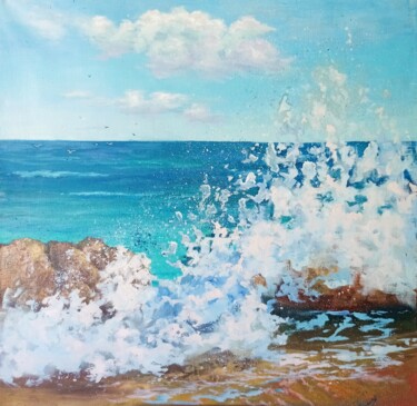 Painting titled "Seascape Oil Painti…" by Elena Rozhko, Original Artwork, Oil Mounted on Wood Stretcher frame