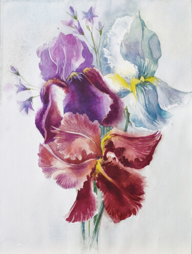 Pintura intitulada "Irises. WATERCOLOR" por Elena Shichko, Obras de arte originais, Aquarela