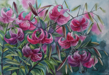 Pintura intitulada "LILIES FROM MY GARD…" por Elena Shichko, Obras de arte originais, Aquarela