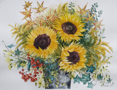 Peinture intitulée "Bouquet with sunflo…" par Elena Shichko, Œuvre d'art originale, Aquarelle