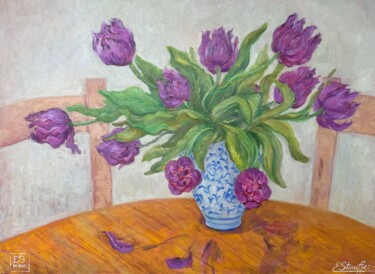 Painting titled "Flowers in china va…" by Elena Stauffer, Original Artwork, Oil Mounted on Wood Stretcher frame