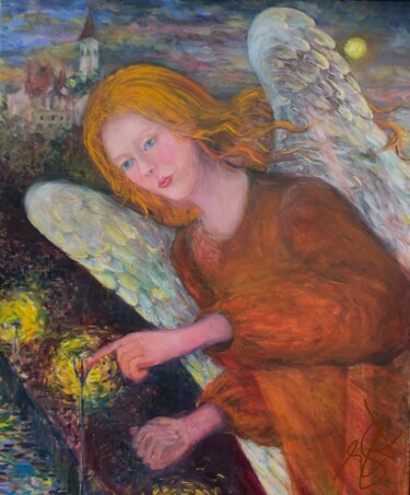 Painting titled "Angel zündet die Ke…" by Elena Stauffer, Original Artwork, Oil