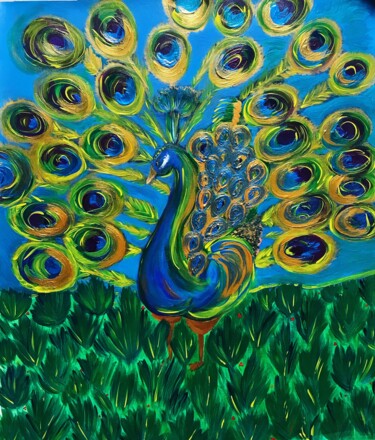 Malarstwo zatytułowany „Peacock popping aro…” autorstwa Elena Suprema, Oryginalna praca, Akryl