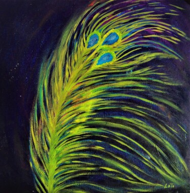 Schilderij getiteld "Peacock feather" door Elena Titenko (LeTi), Origineel Kunstwerk, Olie Gemonteerd op Karton