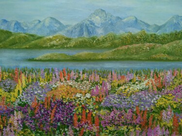 Schilderij getiteld "Mountains and flowe…" door Elena Titenko (LeTi), Origineel Kunstwerk, Olie Gemonteerd op Frame voor hou…