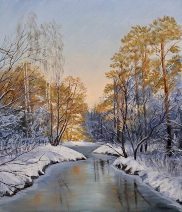 Painting titled "Winter forest" by Elena Tretiakova, Original Artwork, Oil Mounted on Wood Stretcher frame