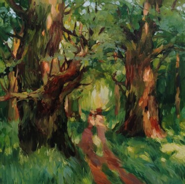 Painting titled "Under the trees" by Elena Utkina, Original Artwork, Oil