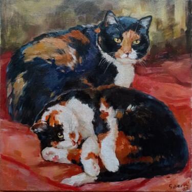 Schilderij getiteld "Calico cats" door Elena Utkina, Origineel Kunstwerk, Olie