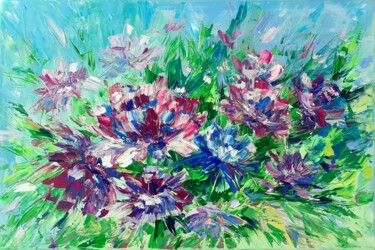 Schilderij getiteld "Bright Flowers Pain…" door Elena Vik, Origineel Kunstwerk, Olie Gemonteerd op Frame voor houten brancard