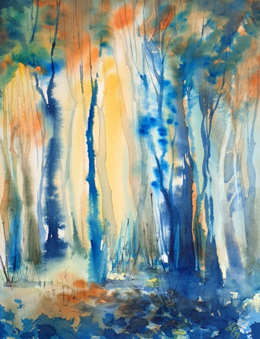 Painting titled "Sunny Foliage." by Elena Genkin, Original Artwork, Watercolor