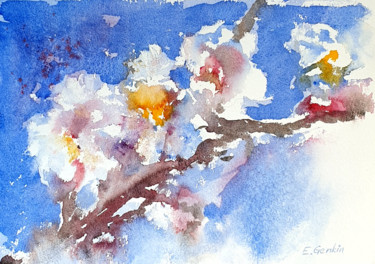 Painting titled "Almonds blossom" by Elena Genkin, Original Artwork, Watercolor