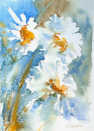Painting titled "Mayweed Chamomile" by Elena Genkin, Original Artwork, Watercolor