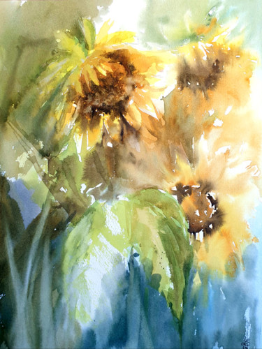 Painting titled "Sunflowers . 6th ed…" by Elena Genkin, Original Artwork, Watercolor