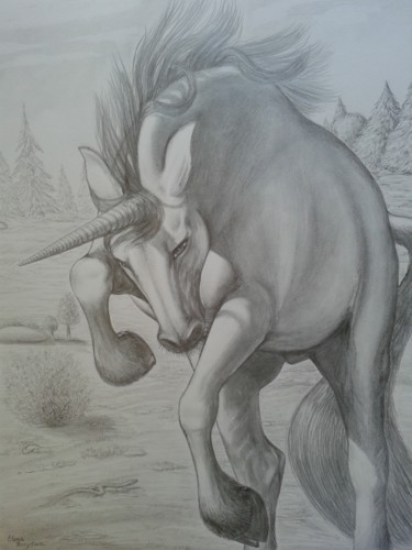 Dessin intitulée "Licorne attaque" par Elena Nesytova, Œuvre d'art originale, Graphite