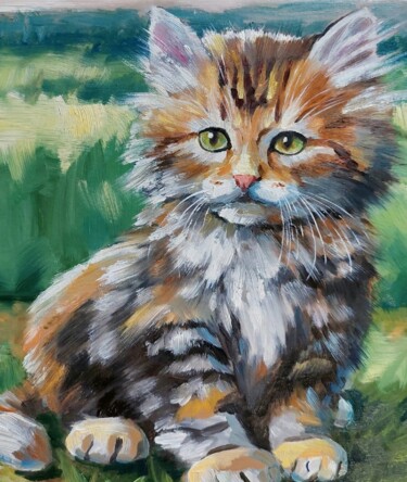 Ζωγραφική με τίτλο "Fluffy kitten" από Елена Серго, Αυθεντικά έργα τέχνης, Λάδι