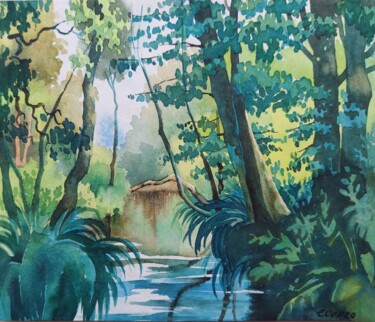 Pintura intitulada "Quiet Forest River" por Elena Sergo, Obras de arte originais, Aquarela