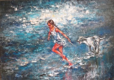 Painting titled "Girl and Dog origin…" by Eleonora Taranova, Original Artwork, Oil Mounted on Wood Stretcher frame